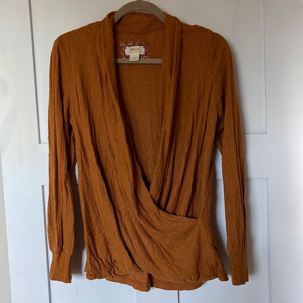 Maeve by Anthropologie Umber Ribbed Long Sleeved Deep V Sweater - Medium